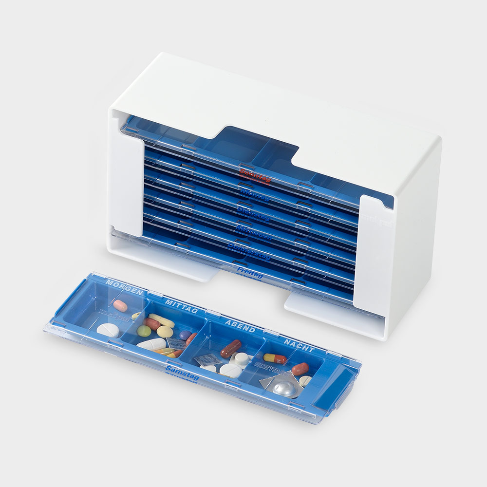 melipul Medikamenten-Dosierer XL-4, für 1 Woche, mit 7 blauen MW-Dispenser, 4 Fächer