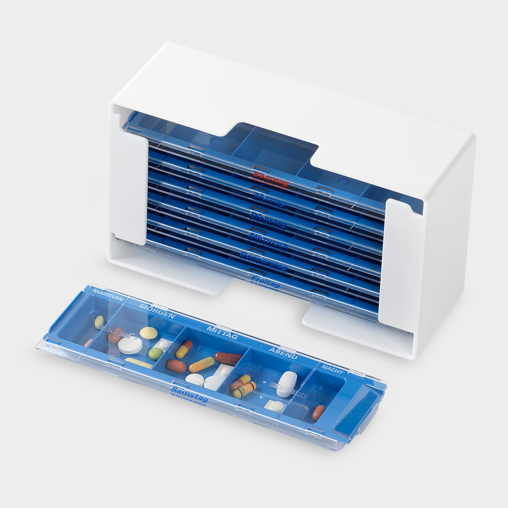 melipul Medikamenten-Dosierer XL-5, für 1 Woche, mit 7 blauen MW-Dispenser, 5 Fächer