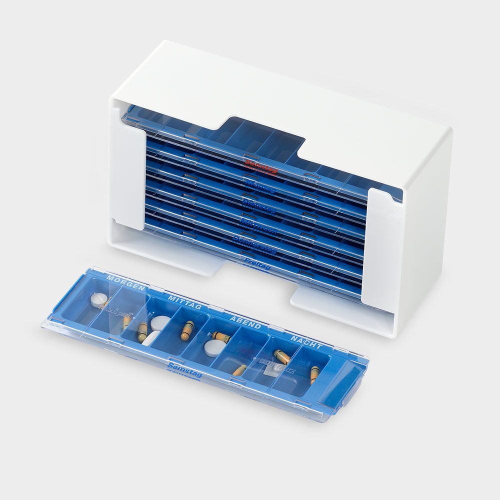 melipul Medikamenten-Dosierer XL-8, für 1 Woche, mit blauen 7 MW-Dispenser, 8 Fächer