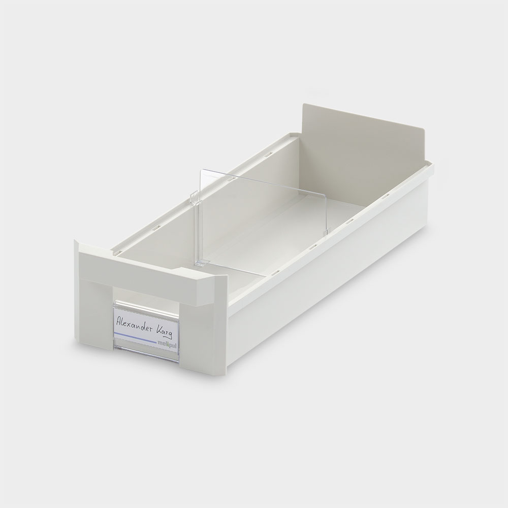 Schrankbehälter 15x40, mit Klemmschild und Fachteiler